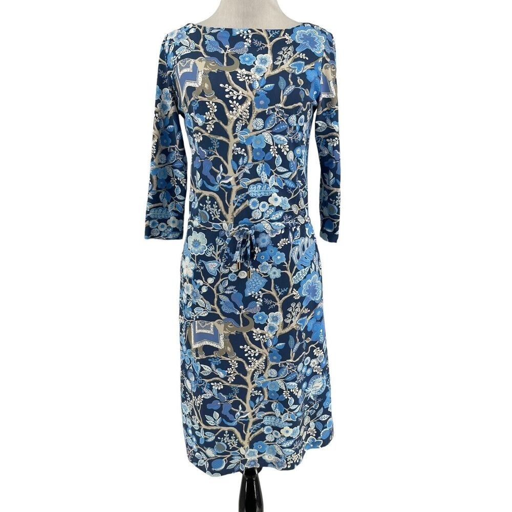 J. Mclaughlin Navy Silver Marianne Sucre Blossom Elephant 3/4 Sleeve Dress XS